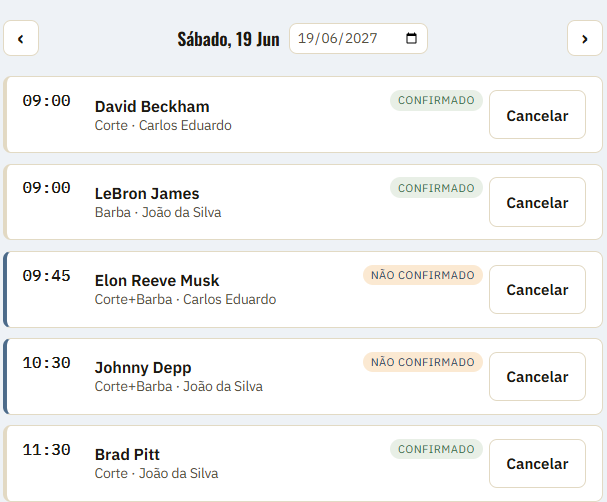 Agenda do dia com agendamentos confirmados